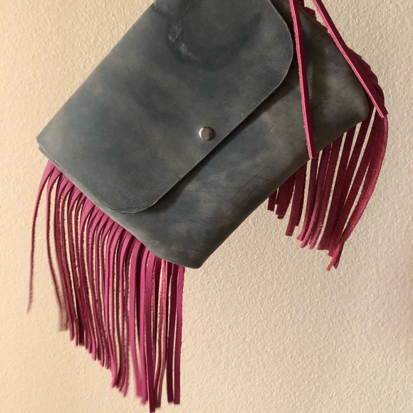 Hand made, grey and hot pink wristlet